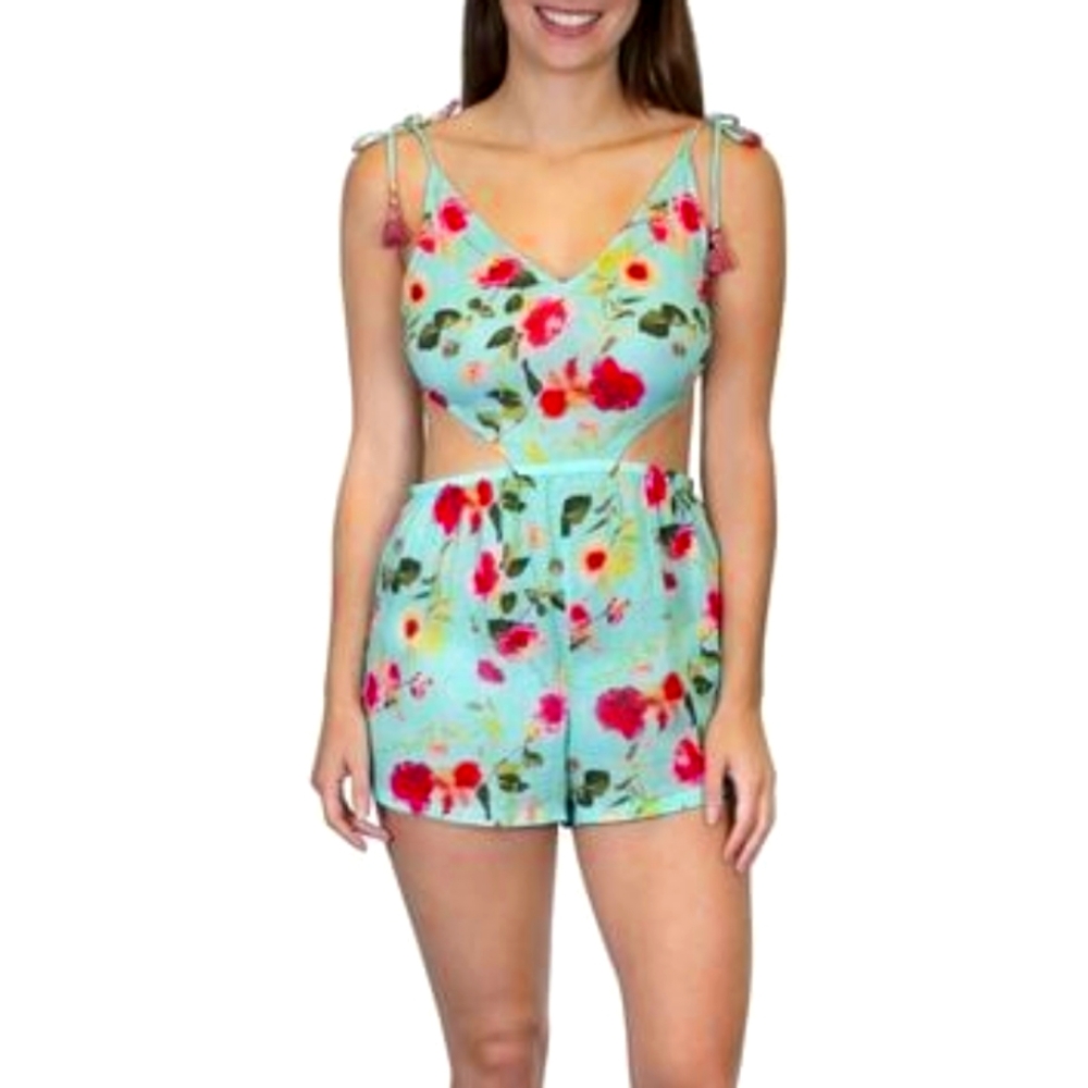 NWT Nanette Lepore XS Teal and‎ Pink Floral Tie Back & Shoulders Romper